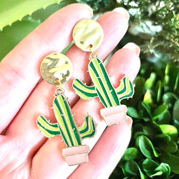Gold Cactus Dangle Earrings - Picture 1 of 4